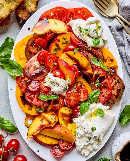 Tomato Peach Burrata Salad