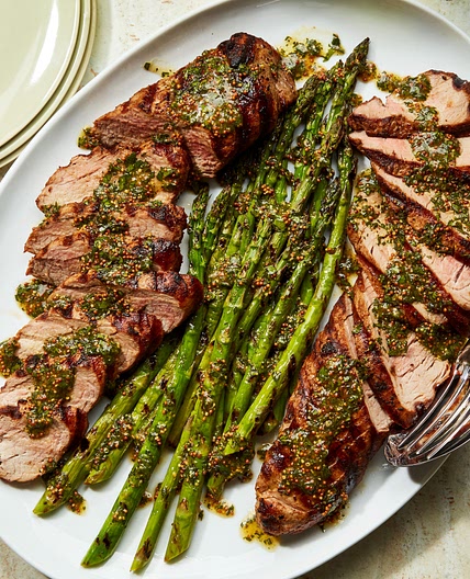 Grilled Pork Tenderloin and Asparagus With Mustard-Herb Sauce