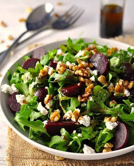 Throw Together Salad #1: Rocket (Arugula), Beetroot, Walnuts and Feta w/Balsamic Dressing