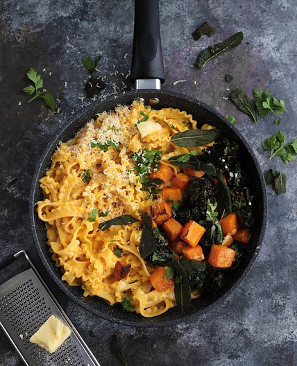 Squash & Mascarpone Pasta with Crispy Kalettes