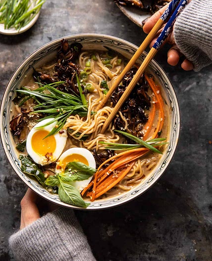 30 Minute Creamy Sesame Miso Ramen with Crispy Mushrooms