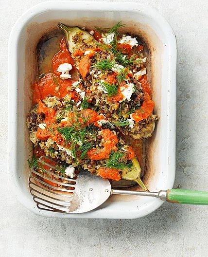 Rice & lentil-stuffed aubergines