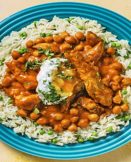 Indian Chicken and Chickpea Curry on Buttery Pilau Rice with Yogurt and Mango Chutney