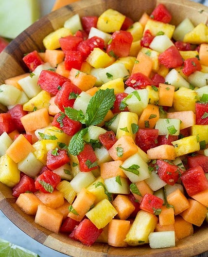 Melon Fruit Salad with Honey, Lime and Mint Dressing
