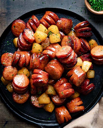 Pineapple Hasselback Kielbasa Bites