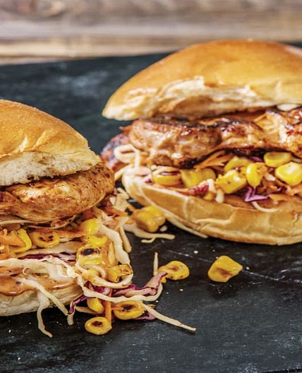 BBQ Chicken Burgers with Creamy Corn Slaw