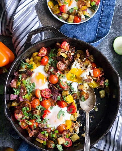 Sweet Potato Hash with Bacon and Summer Veggies {Paleo & Whole30}