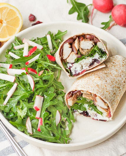 Balsamic Chicken Wrap with Goat Cheese, Cranberries & Lemony Arugula