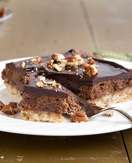Chocolate Cheesecake Bars with a Pecan Shortbread Crust
