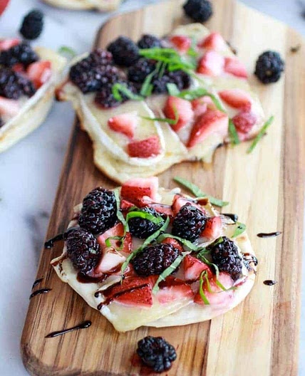 Grilled Blackberry, Strawberry, Basil and Brie Pizza Crisp with Honey Balsamic Glaze