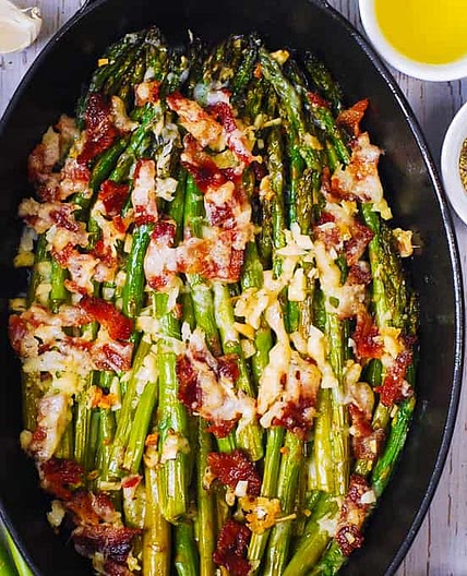 Cheesy Baked Asparagus with Gruyere cheese, Garlic, and Bacon