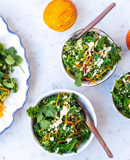 Kale and quinoa salad with orange tahini dressing