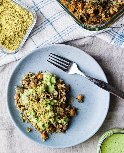 Chickpea Brown Rice Spinach Artichoke Casserole (Vegan)