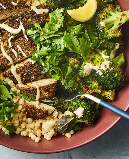 Za’atar Chicken Bowl with Broccoli, Tahini, and Israeli Couscous