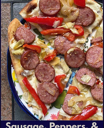 Sausage, Peppers, & Onions (plus artichoke!) Naan Pizza