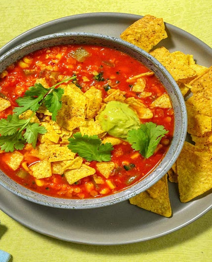 Tex-Mex Lentil Tortilla Soup with Peppers and Corn