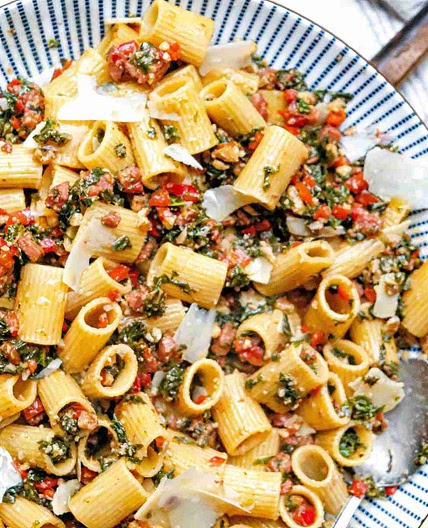 Smoked Sausage & Kale Pasta with Walnut Crumble