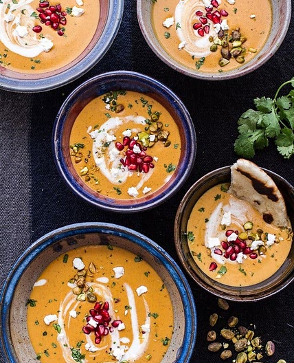 Moroccan Butternut Squash and Goat Cheese Soup w/Coconut Ginger Cream + Pistachios