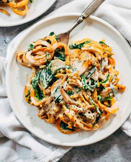 Creamy Spinach Sweet Potato Noodles with Cashew Sauce