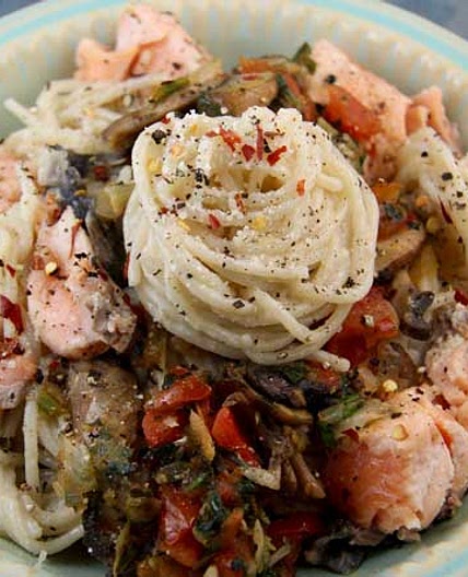 Pasta with Skillet Salmon, Mushrooms and Parsley (Greek Island of Crete)