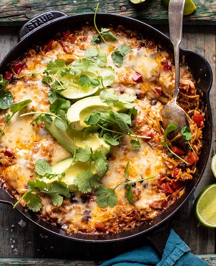 One Skillet Cheesy Cuban Chicken Rice Bake