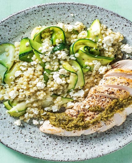Pesto Chicken with Lemony Couscous and Zucchini Salad