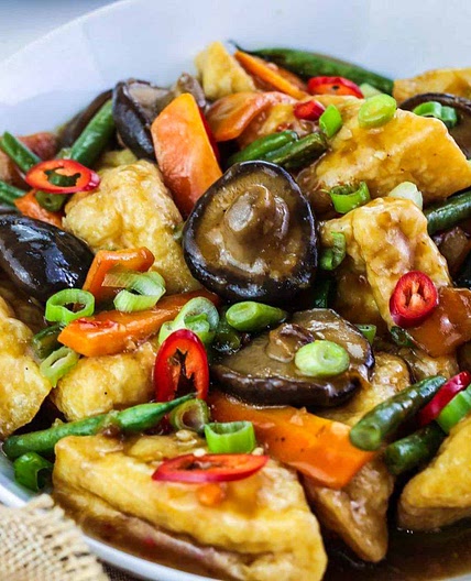 Tofu Puffs with Asian Vegan Mushroom Sauce