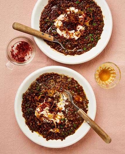 Lentils with pomegranate molasses and lemon tahini