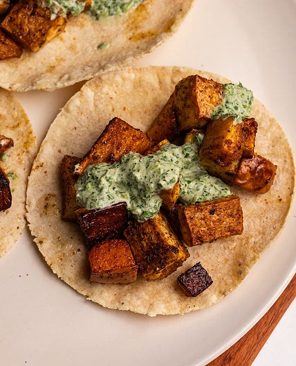 Tofu and Butternut Squash Tacos with Cilantro Lime Tahini Sauce