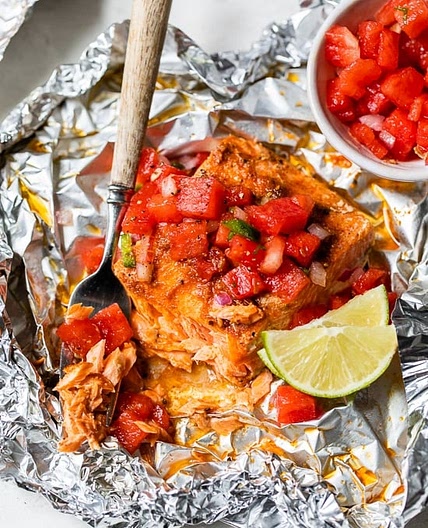 Foil Packet Spice Rubbed Fish with Watermelon Salsa