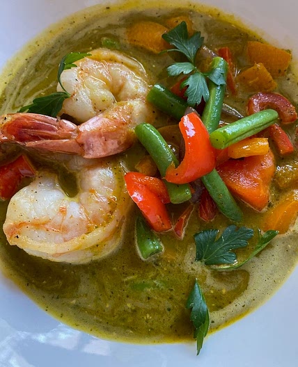 Coconut Sauce with Carrot Ginger Soup and Prawns