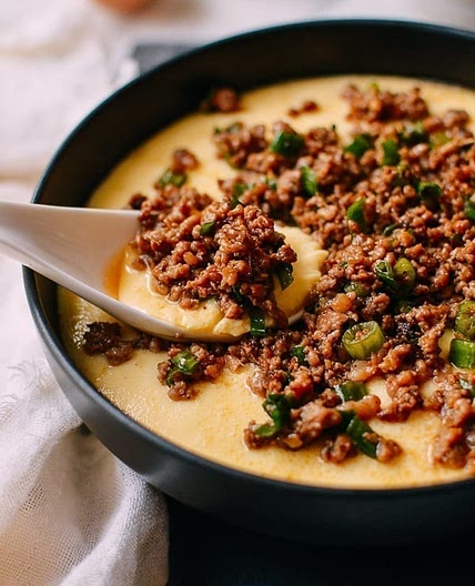 Steamed Eggs with Crispy Pork