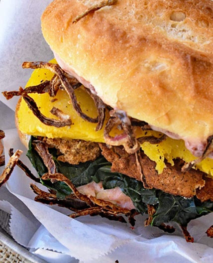 Holiday Sandwich With Fried Onions, Cranberry Aioli, and Roasted Squash