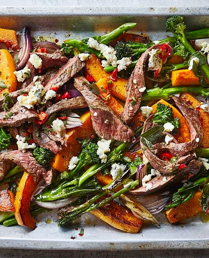 Flash-roasted steak with squash, gorgonzola and sage