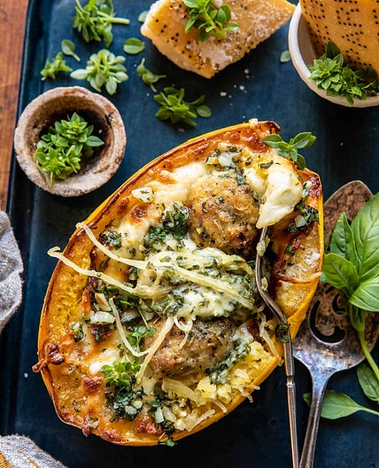 Garlic Butter Chicken Meatballs Stuffed In Spaghetti Squash: