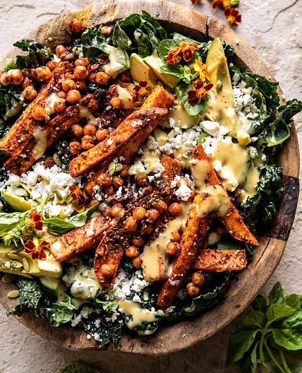 Sweet Potato Kale Salad with Creamy Honey Mustard Dressing