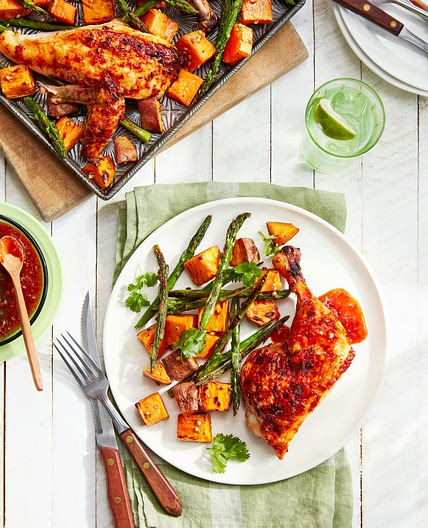 Sweet-and-Spicy Chicken with Roasted Sweet Potatoes and Asparagus