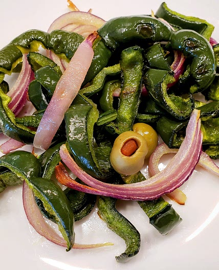 Roasted poblano peppers and red onions
