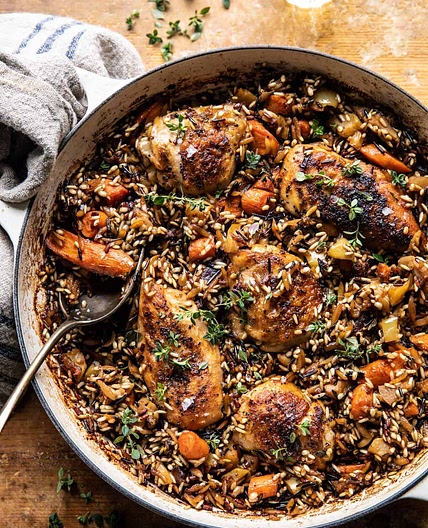 One Pot Lemon Rosemary Dijon Chicken and Butter Toasted Rice Pilaf