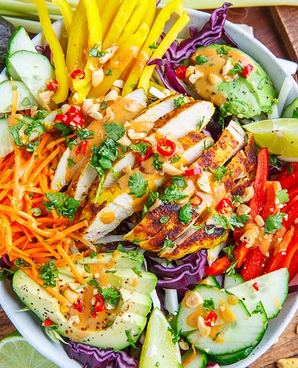 Thai Lemongrass Chicken and Avocado Salad with Spicy Peanut Dressing