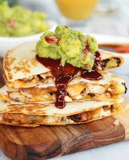 Hawaiian BBQ Quesadillas with Pineapple-Mango Guacamole