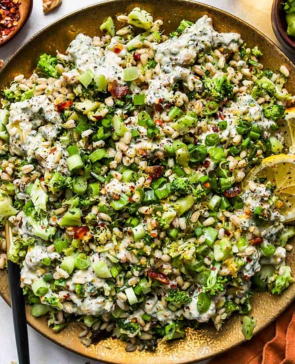 Super Green Grain Salad with Toasted Walnut Dressing