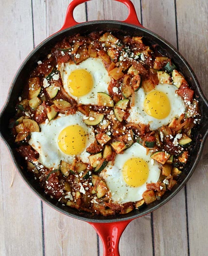 Gluten Free Shakshuka Recipe with Zucchini and Feta | Healthy & Vegetarian