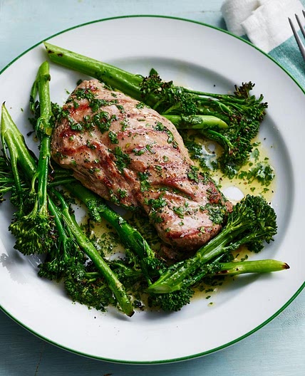 Grilled lamb steak with rosemary butter and chargrilled broccoli