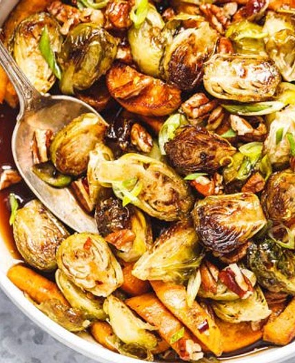 Roasted Brussels Sprouts and Sweet Potato with Balsamic Honey Glaze
