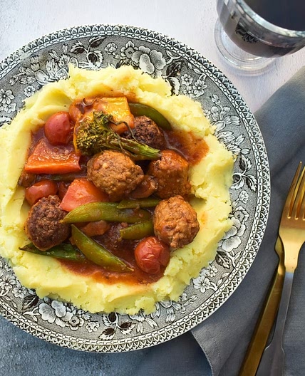 Easy Vegetable Bake with Vegan Meatballs & Roasted Vegetables