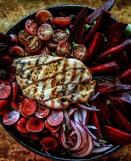 Grilled Chicken, Beet and Cherry Salad with Honey Balsamic Dressing