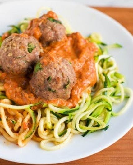 Zoodles with Turkey Meatballs in Roasted Red Pepper Sauce