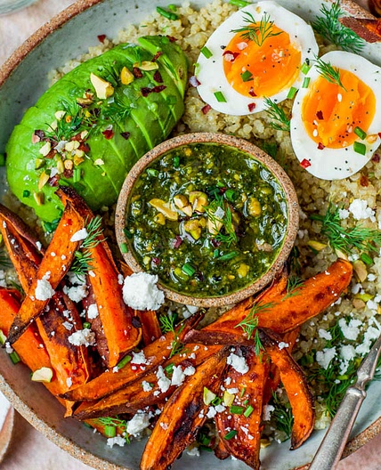Gut-Friendly Sweet Potato Pesto + Quinoa Breakfast Bowl