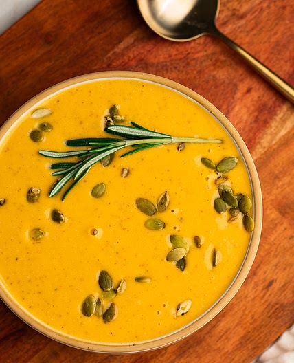 Roasted Sweet Potato Feta Soup with rosemary